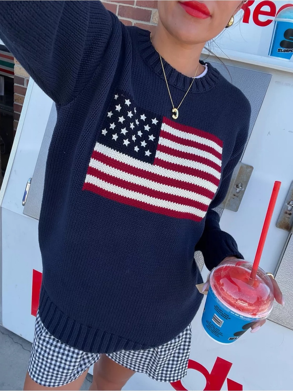 Brandy Melville Navy Crewneck Sweater with American Flag One Size 
(Jun A-2)
